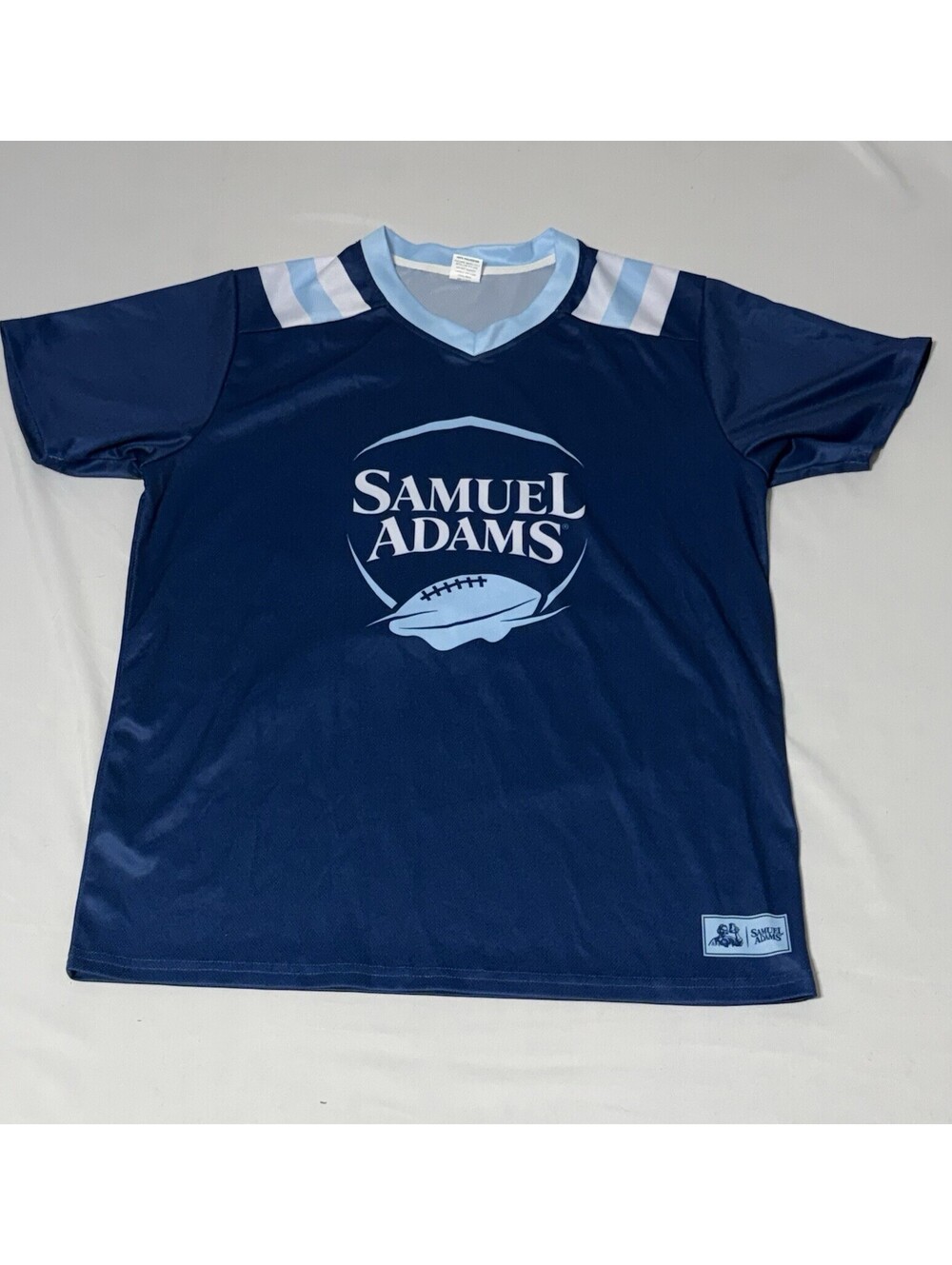 Official Samuel Adams Jersey Men's Sz M Blue #84 V Neck Boston Beer Football Tee
